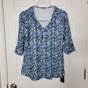 Ivicoer Women's Large 3/4 Sleeve Black Blue Floral Blouse Top